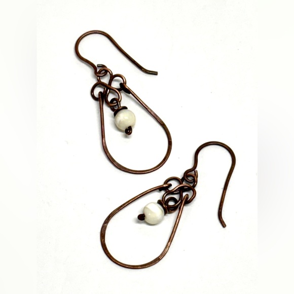HANDMADE Mother of Pearl Wire Wrapped Copper Dangle Earrings, Gift for Mom Her - Picture 7 of 10
